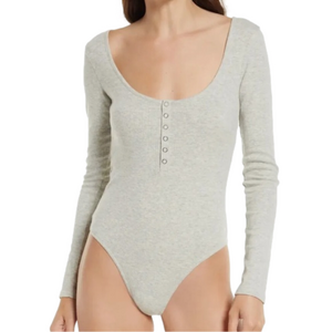 OPEN EDIT Medium Cream Ribbed Organic Cotton Knit Long Sleeve Bodysuit New